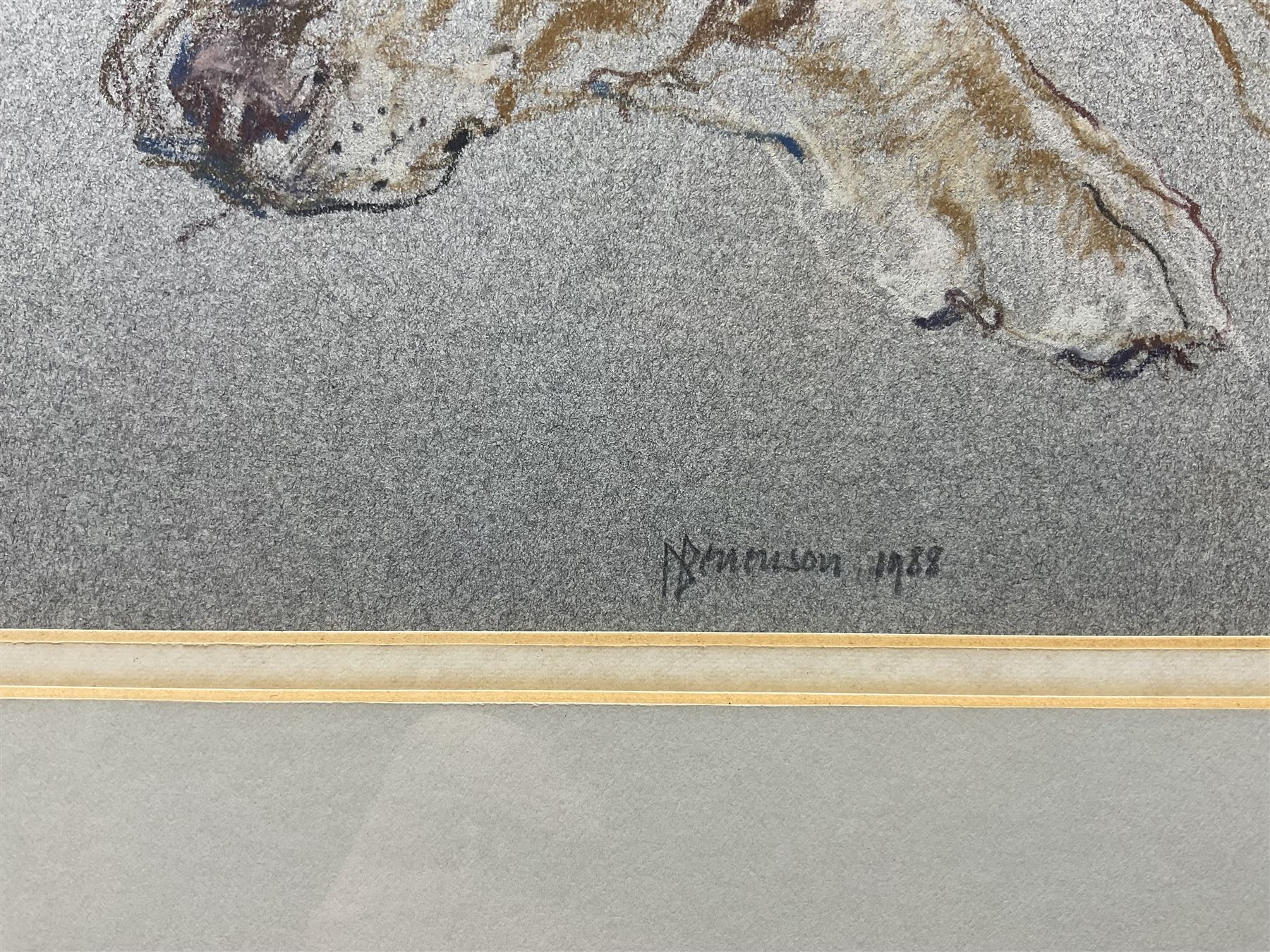 Dennison (20th Century): Two Dogs on a Rug, pastel indistinctly signed and dated 1988, 28cm x 48cm 