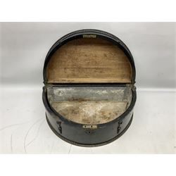 Black lacquer box of demi-lune form, possibly a wine cooler, with hinged lid, moulded beading and decoration and galvanised metal twin handled liner to interior, L50cm