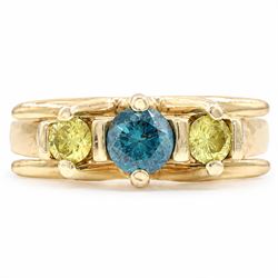 18ct white gold three stone fancy blue and yellow diamond ring, round brilliant cut blue d...