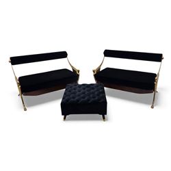 Late 20th century pair of Empire inspired brass metal framed two-seater sofas, upholstered...
