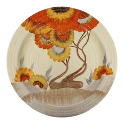 Clarice Cliff Viscaria patter coffee cup and saucer, hand painted with a stylised trees, together with Rhodanthe plate, with Bizarre and printed marks to base, plate D21cm