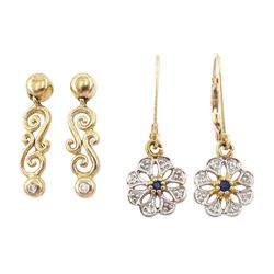 Pair of sapphire and diamond flower head pendant earrings and a pair of diamond pendant stud earrings