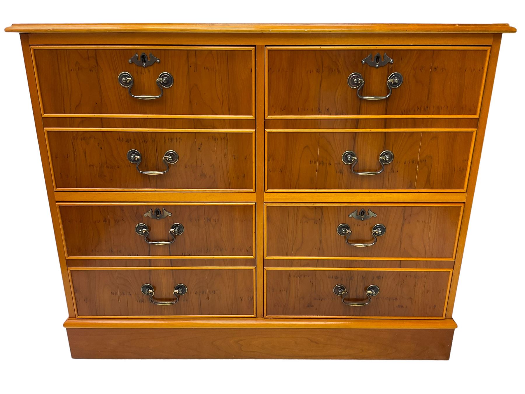 Georgian design yew wood filing cabinet, moulded rectangular top with inset leather, fitted with four cock-beaded filing drawers, on skirted base
