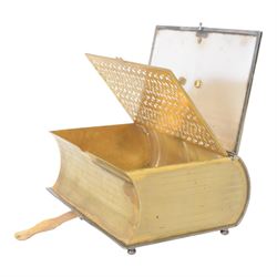 Late Victorian silver plated novelty biscuit box modelled as a presentation book, by Deykin & Sons, Birmingham, the spine engraved 'BISCUITS', the hinged cover with chased foliate decoration and mounted gilt bow secured by a gilt clasp with registration lozenge, opening to reveal a gilt interior with hinged scroll pierced grille, including bow H10.5cm W21.5cm D14.5cm