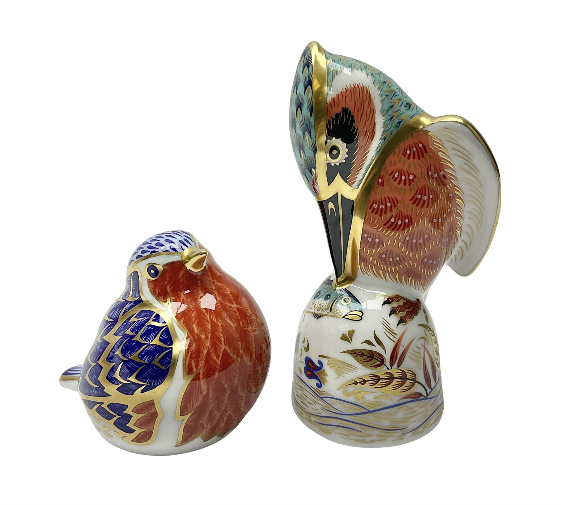 Two Royal Crown Derby paperweights, comprising Kingfisher, 2010 edition with gold stopper and Robin, with gold stopper