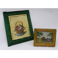  Two 19th century bead work pictures, worked as a basket of flowers on cross stitch ground within green velvet cushion frame, the other deciding a building and figures within wooded landscape, 16.5cm x 12.5cm (2)  