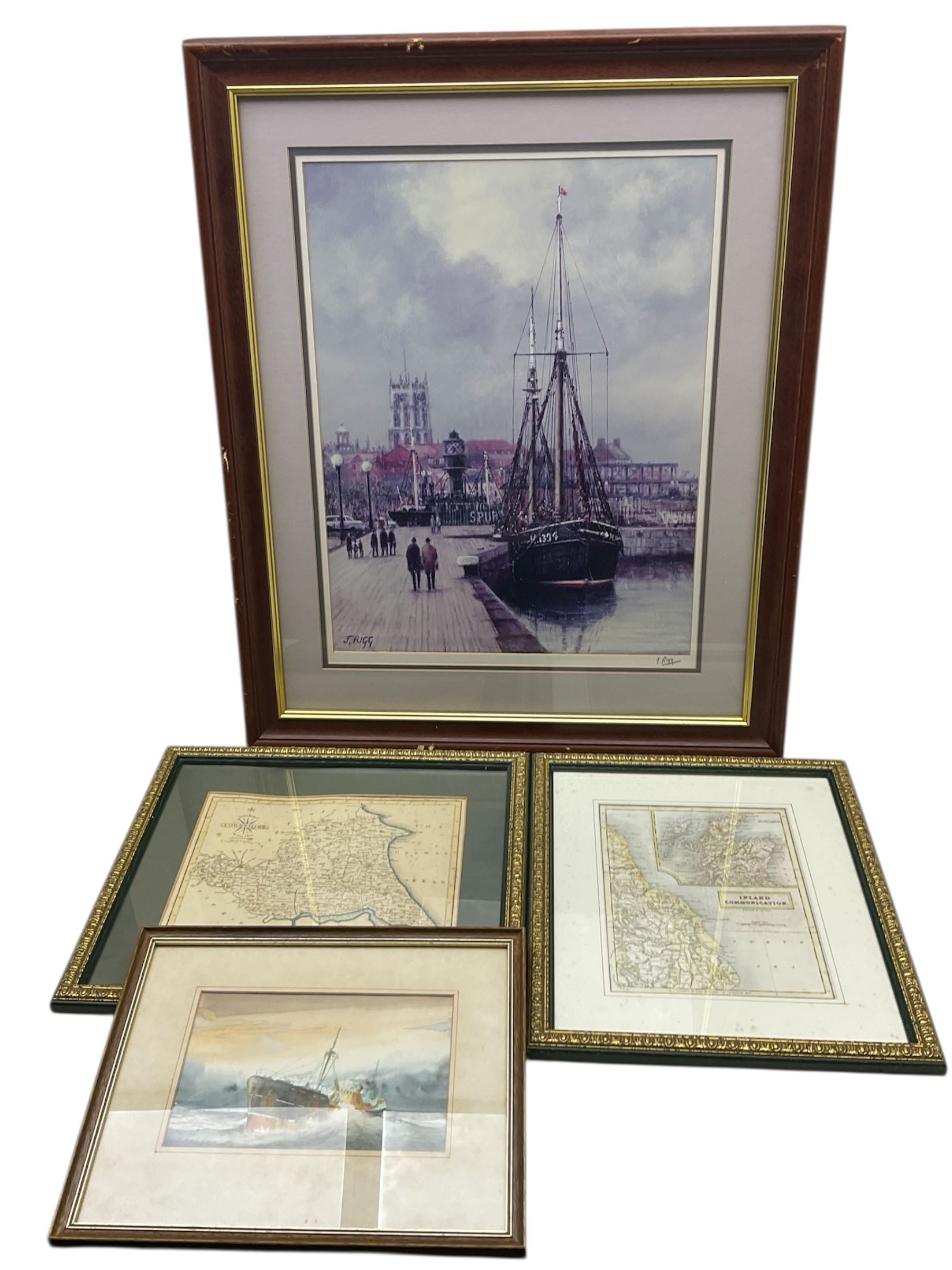 Jack Rigg (British 1927-2023): On the Quayside, signed print; together with a David C Bell watercolour and two maps (4)