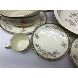 Minton Jasmine pattern tea and dinner wares, including dinner plates, sauce boats, side plates, bowls, teacups, coffee cans and twin handled soup bowls, etc (122)