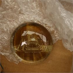Box of miscellaneous items including coloured glass liqueur decanter and tots, two paperweights, glass carafe etc