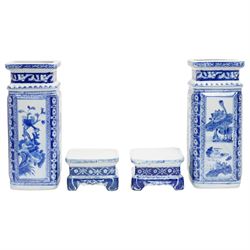 Pair of Chinese blue and white vases and stands, of rectangular form, decorated with panels of birds in nature, H43cm 