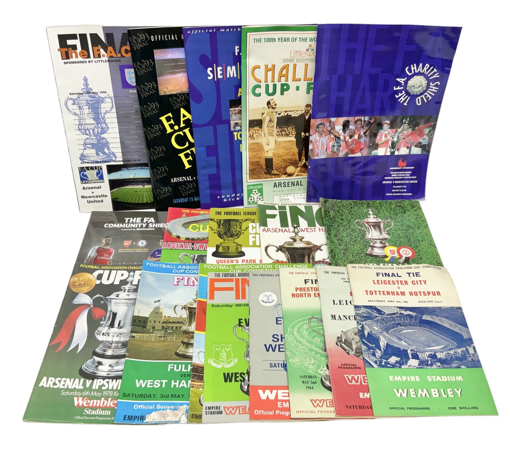 Twelve F.A. Cup Final programmes at Wembley - 1961, 1963, 1964, 1966, 1968, 1969, 1975, 1978, 1979, 1980, 1993 & 1998; F.A. Cup Semi-Final programme 1991 Arsenal v Tottenham Hotspur; three League Cup Final programmes 1967/69/88; and two F.A. Charity/Community Shield programmes 1993/2015 (18)