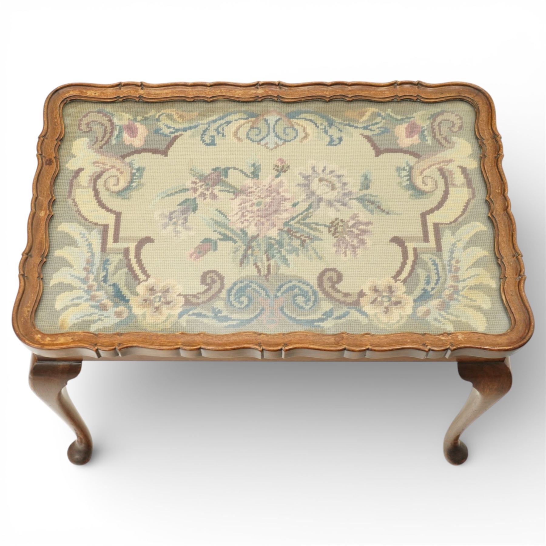 Georgian style occasional table with glazed needlework top, with pie crust edge, raised on cabriole supports