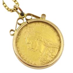 Queen Victoria 1888 gold full sovereign coin, loose mounted in 9ct gold, on 18ct gold box link chain, stamped 750