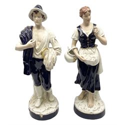 Pair of Royal Dux figures Harvest Time, modelled as male with wheat and female with apples, each with applied triangle mark and printed mark to the base, H54cm