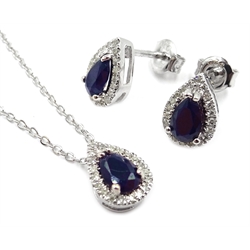  Silver diamond and sapphire pendant necklace and matching earrings, stamped 925  