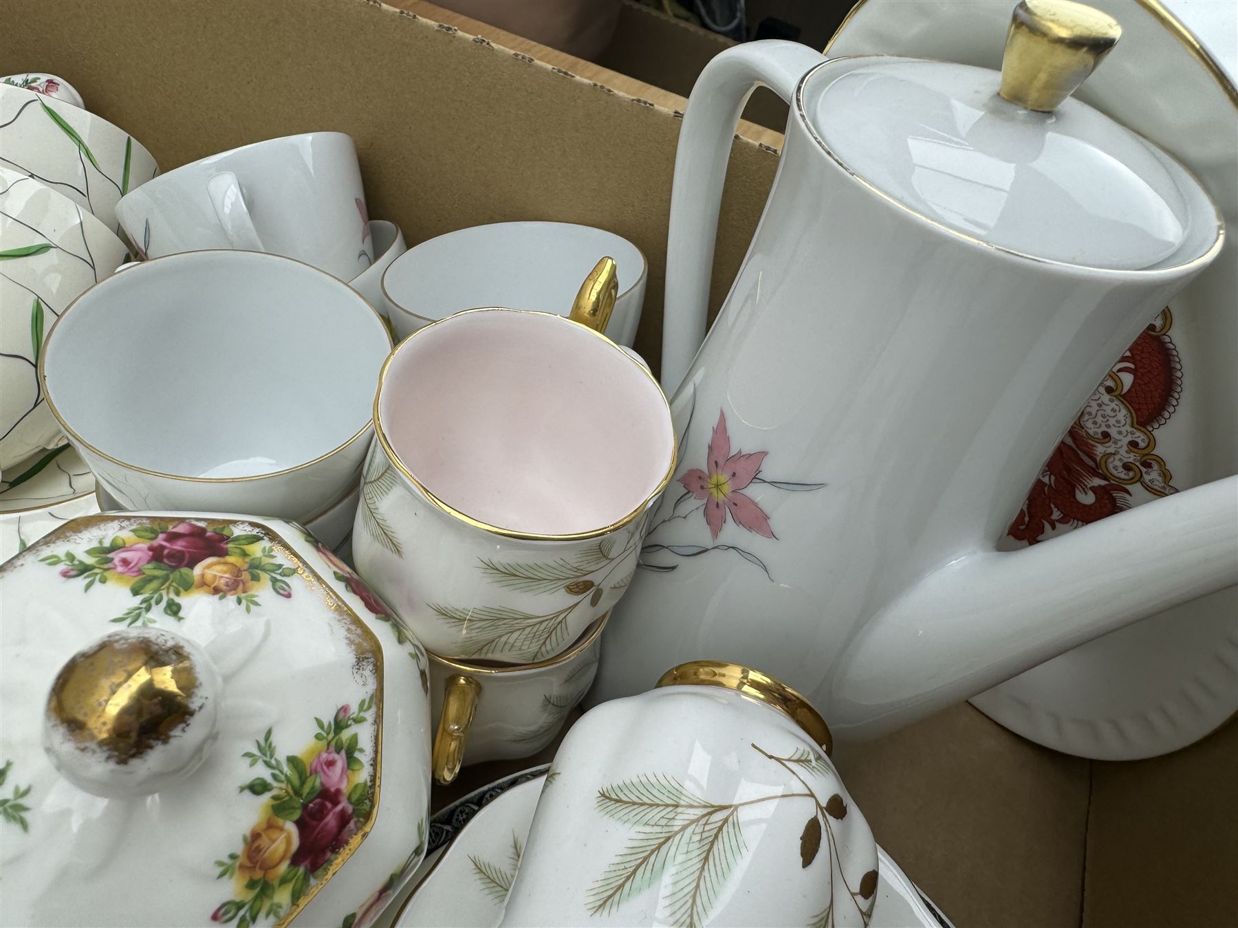 Aynsley harlequin cups and saucers, Royal Albert Old Country Roses vase and cover, Noritake coffee wares, Wedgwood Everest Goblet and various ceramics in two boxes