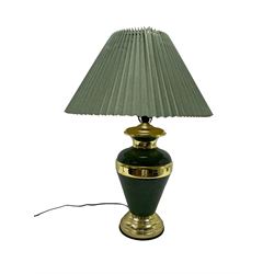 Table lamp of baluster form decorated in mottled green with gilt mounts and banding, with pleated green shade, approx H72cm incl shade