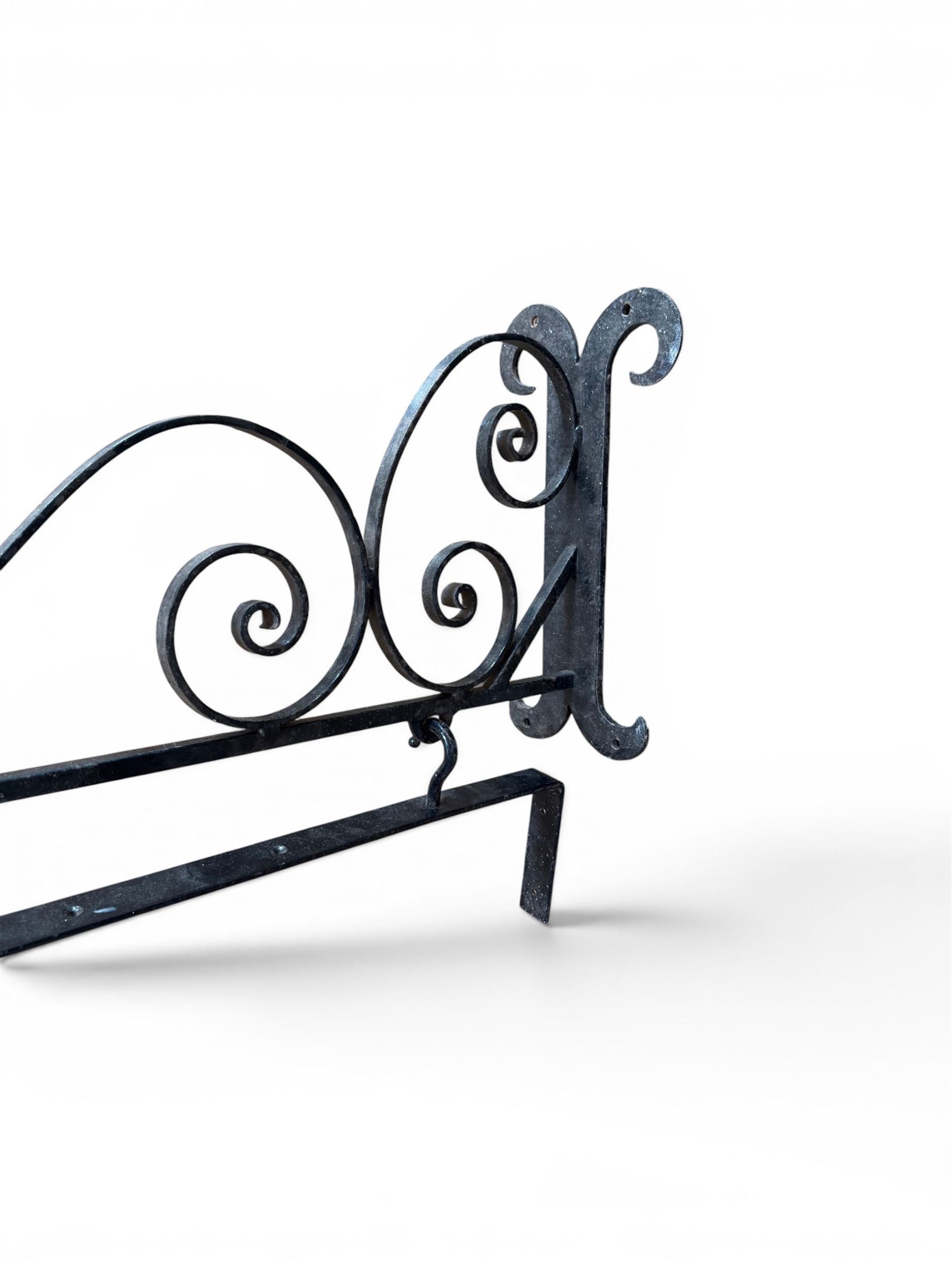 Blacksmith made wrought metal wall hanging sign bracket, scrollwork detail, including wall bracket and sign bracket
