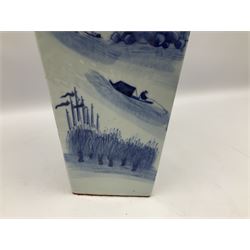 18th century Chinese blue and white vase, of square section tapering form with waisted neck and twin mask ring lug handles, decorated with a mountainous landscape populated with huts, pagoda, bridge, boats and figures, H43cm
