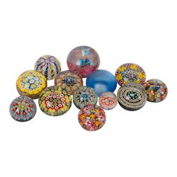 Collection of millefiori and iridescent paperweights including Strathean examples