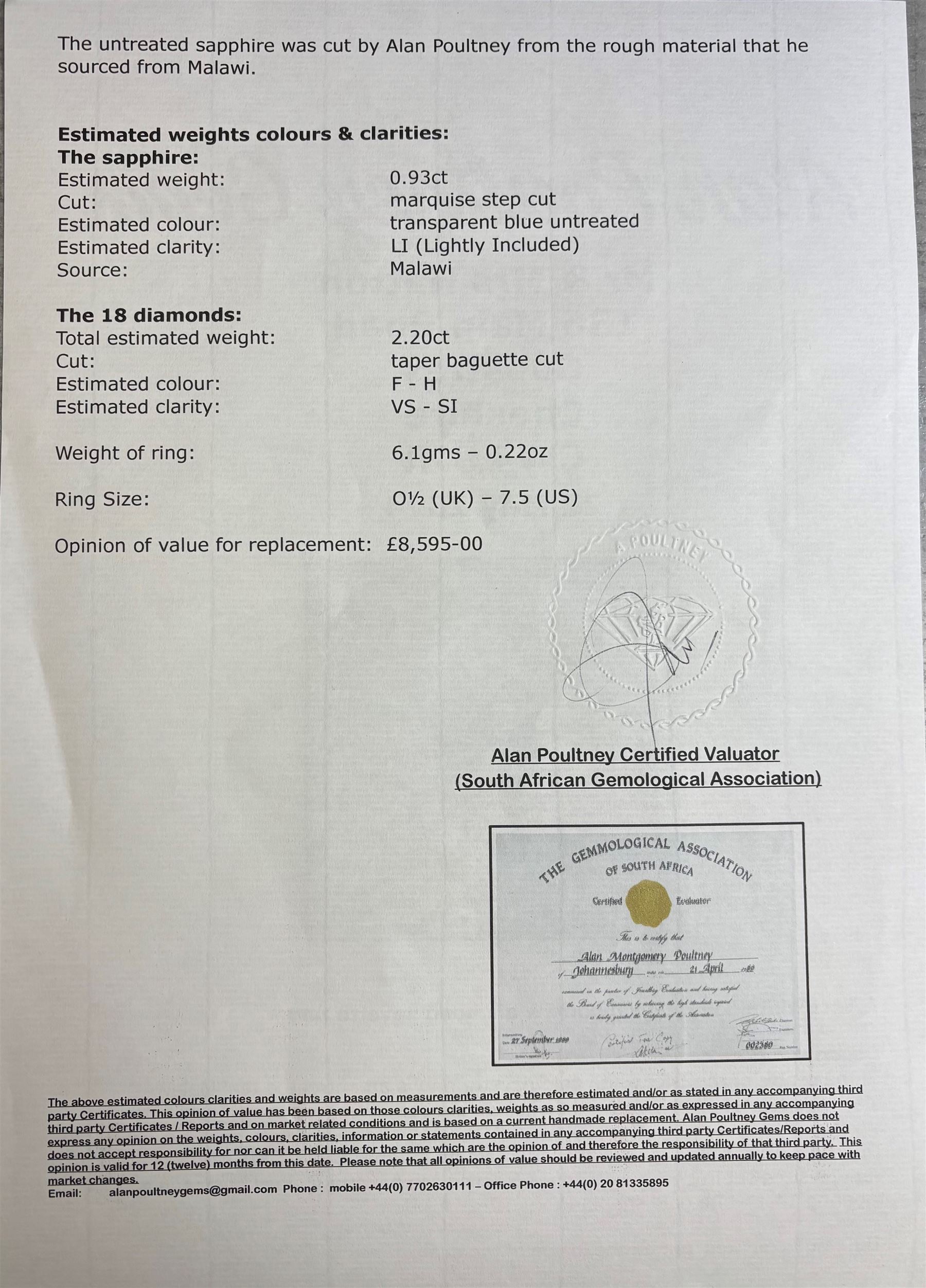 14ct white gold sapphire and diamond cluster ring, single unheated marquise cut teal sapphire of approx 0.93 carat, with tapered cut diamond surround, total diamond weight approx 2.20 carat, with Alan Poultney Gems report