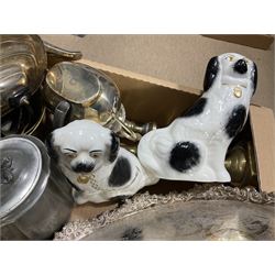 Silver plated tea set, comprising of teapot, coffee pot, milk jug and sucrier, silver plated salver, Victorian jam pan, victorian brass candlesticks, and other metalware, together with a pair of reproduction staffordshire dogs