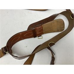 British Army General Staff officer's peaked cap by Herbert Johnson London in Moss Bros. delivery box; two officer's Sam Browne leather belts; leather pistol holster and sword hanger; pair of leather gloves and pair of spurs