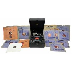 HMV portable wind up gramophone in a bla