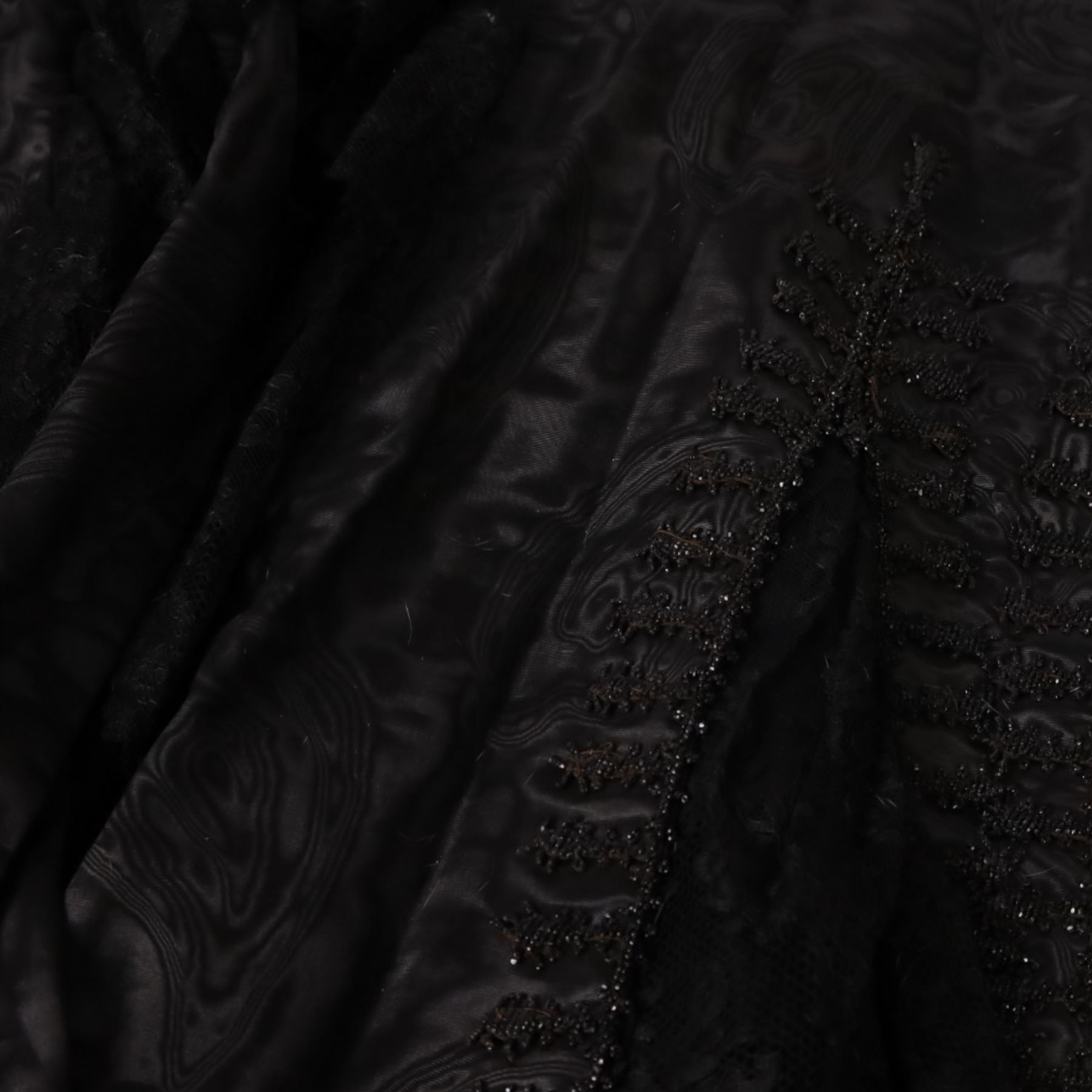 Victorian opera coat, black silk, lace and bead work, together with ermine muff, collar and tippet, opera glasses, long gloves and bags 