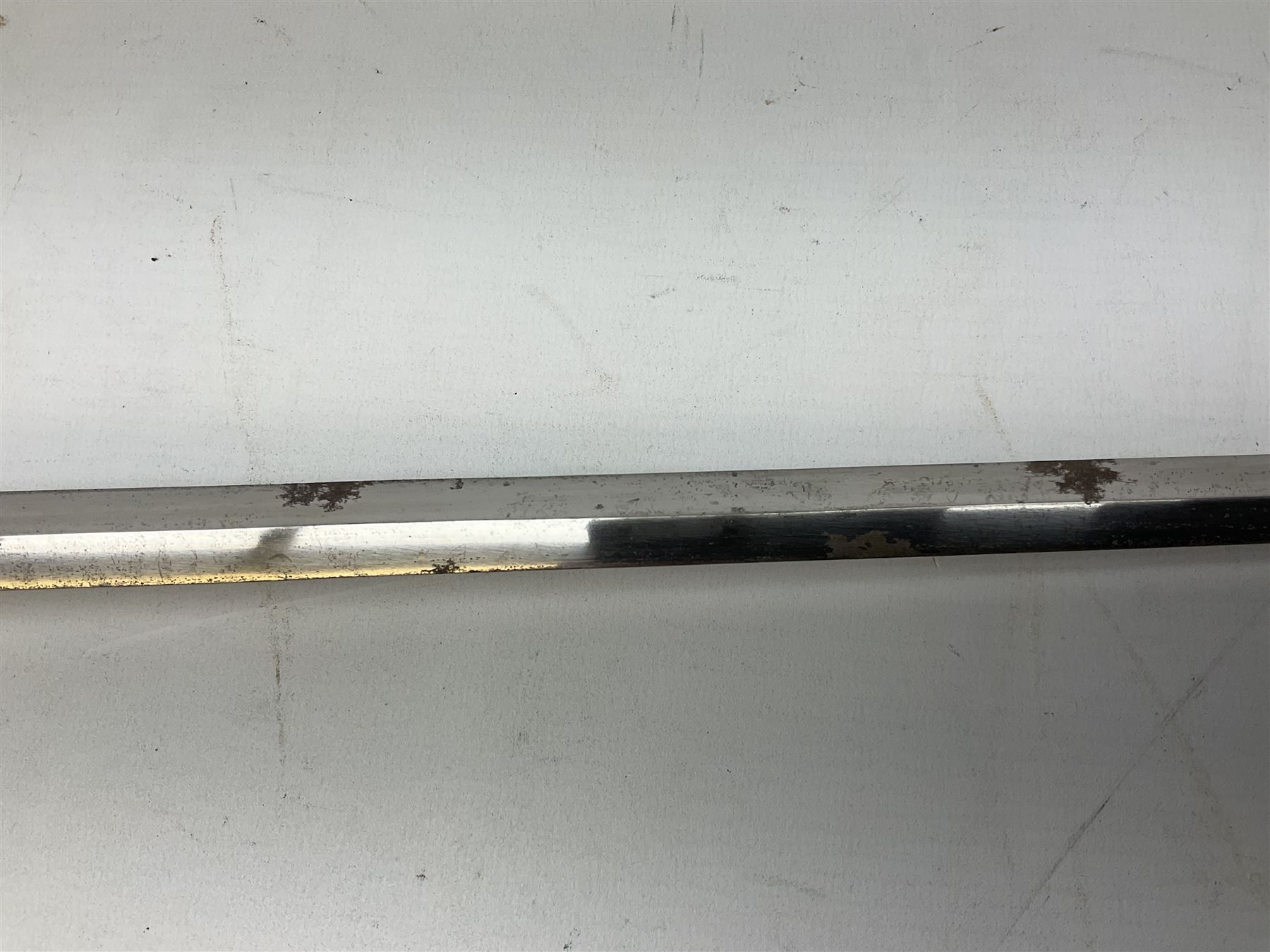 Replica knight's longsword, the 91.5cm double-edged steel blade with basket hilt and wire-bound bone grip with spherical pommel, in leather scabbard L112cm overall