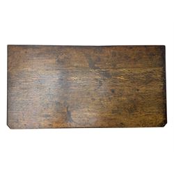 18th century oak lowboy, rectangular moulded top over three frieze drawers with brass swing handles, scalloped apron, on slender square section supports