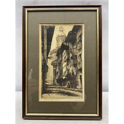 William Douglas Macleod (Scottish 1892-1963): 'White Horse Close - Edinburgh' drypoint etching signed and titled in pencil; Alfred Hugh Fisher (British 1867-1945): 'Gray's Inn - Christmas' drypoint etching signed in pencil, titled in the plate; 'Fuenterrabia', etching indistinctly signed and titled in pencil; together with a similar etching indistinctly signed and titled, and two Japanese watercolours, max 22cm x 16cm (6)
