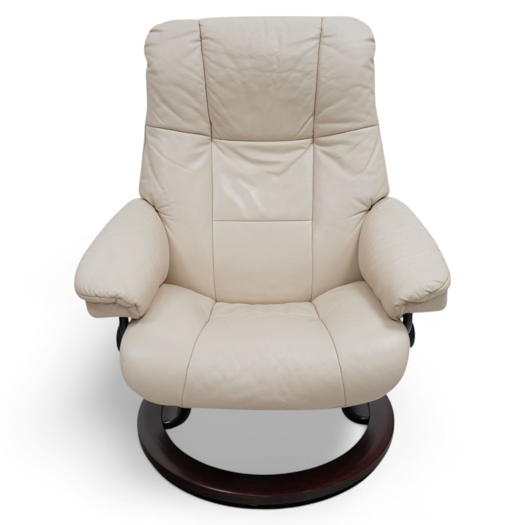 Ekornes - Stressless chair, with padded arms and high backrest, raised on a circular mahogany-stained swivel base, fitted with reclining tension adjustment handle