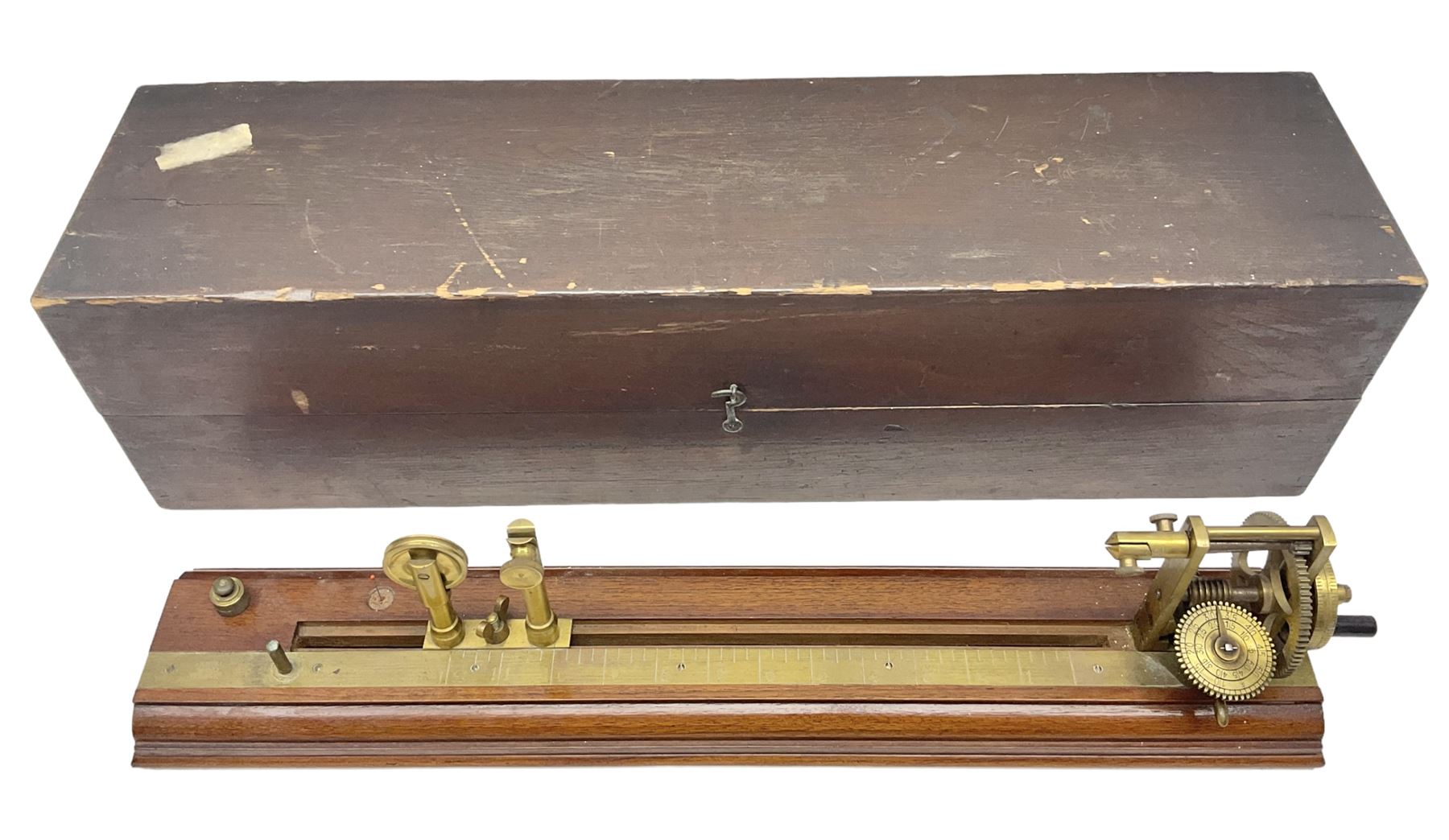 Early 20th century worsted spinners walnut and brass twist tester by J.H. Heal Maker Halifax L61cm; in original box with paperwork