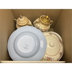 Collection of tea and dinner wares, to include Crown Clarence wares, two Maling cups and saucers, etc,  together with three Foley twin handled urns etc, in three boxes