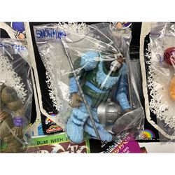 Five 1980s LJN Thundercats figures - Lion-O with sword, Snowman, S-S-Slythe, Tygra and Mumm-Ra; all re-bagged on original backing cards; partially stocked Panini sticker album; story cassette tape and three catalogues; together with Ghostbusters Slimer with food and Comic