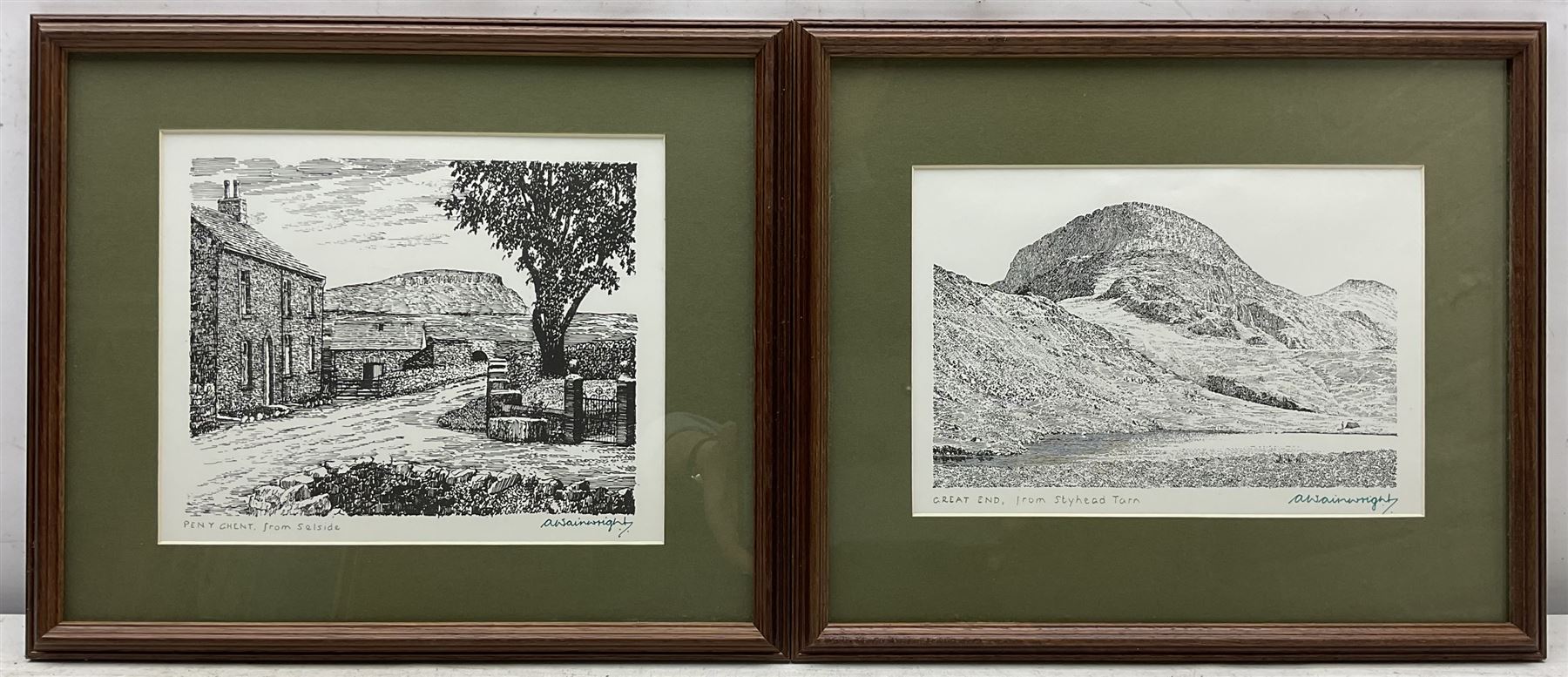 Alfred Wainwright MBE (British 1907-1991): 'Pen Y Ghent from Selside', 'Great End from Styhead Tarn', 'Skelwith Force', and 'Wasdale from Great Gable', four monochrome prints each signed in pen by the artist, max 17cm x 23cm (4)