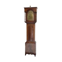 19th century - 8-day mahogany cased longcase clock with a flat top ring turned pilasters and brake arch hood door beneath, inlaid trunk with a gothic arched door on a conforming plinth with decorative shaped feet, brass dial with a strike/silent ring to the break arch inscribed 