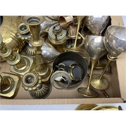 Quantity of brass ware to include pairs of candlesticks, kettle, oil lamp etc