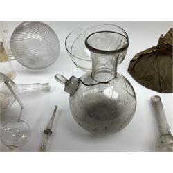 Collection of 19th century and later pharmaceutical laboratory glass, to include, volumetric flasks of various sizes, conical flask, stratus flask, etc (25) Provenance: discovered in the storeroom of a long established Hull pharmacist and opticians