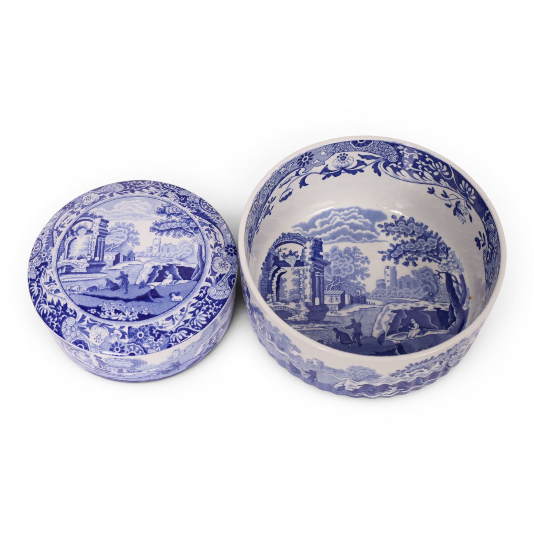 Collection of Spode Italian pattern, including two mugs, six cups and saucers, covered trinket dish, two egg cups etc, together with Willow pattern serving platter