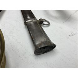 Reproduction American Civil War Cavalry trooper's sword, the 88cm slightly curving fullered steel blade marked to the ricasso 'Ames & Co Chicopee Mass.' and 'US ADK 1862'; brass hilt and leather covered grip; in steel scabbard L110cm overall;  and another reproduction sword (2)