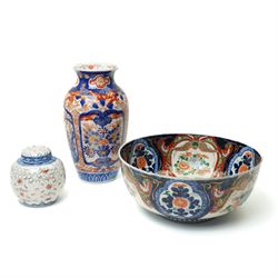 Late 19th/Early 20th century Japanese Imari bowl decorated with panels of flowers in blue,...
