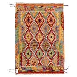 Afghan Chobi flatweave kilim, with a repeating stepped diamond medallion design in ivory, ...