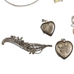 Silver jewellery including charm bracelet, bangle, stone set earrings and matching pendant and two heart pendants