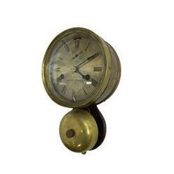 Seth Thomas U.S.A. Ships clock c1890, with a 6” silvered dial sounding the ships watch on a brass bell, eight-day twin train balance wheel movement, silvered dial with Roman numerals, steel spade hands, escapement regulation and subsidiary seconds dial, with a circular alloy drum case mounted on a wooden plaque, dial inscribed “4th November 4th 1879  Seth Thomas U.S.A.