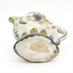 Prattware jug bearing initials JB and dated 1796, moulded with 'Mischievous Sport' and 'Sportive Innocence' pattern, painted in typical colours, H15cm