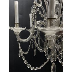 Late 20th century glass chandelier, with six curved branches supporting glass drops and swags, H87cm W78cm 