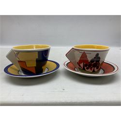 Wedgwood limited edition Clarice Cliff Design Taking Tea collection, comprising eight cups and saucers Honolulu, Apples, Gibraltar, Lilac Crocus, Trees and House, Coral Firs, Devon, and Sunray, with certificates of authenticity 