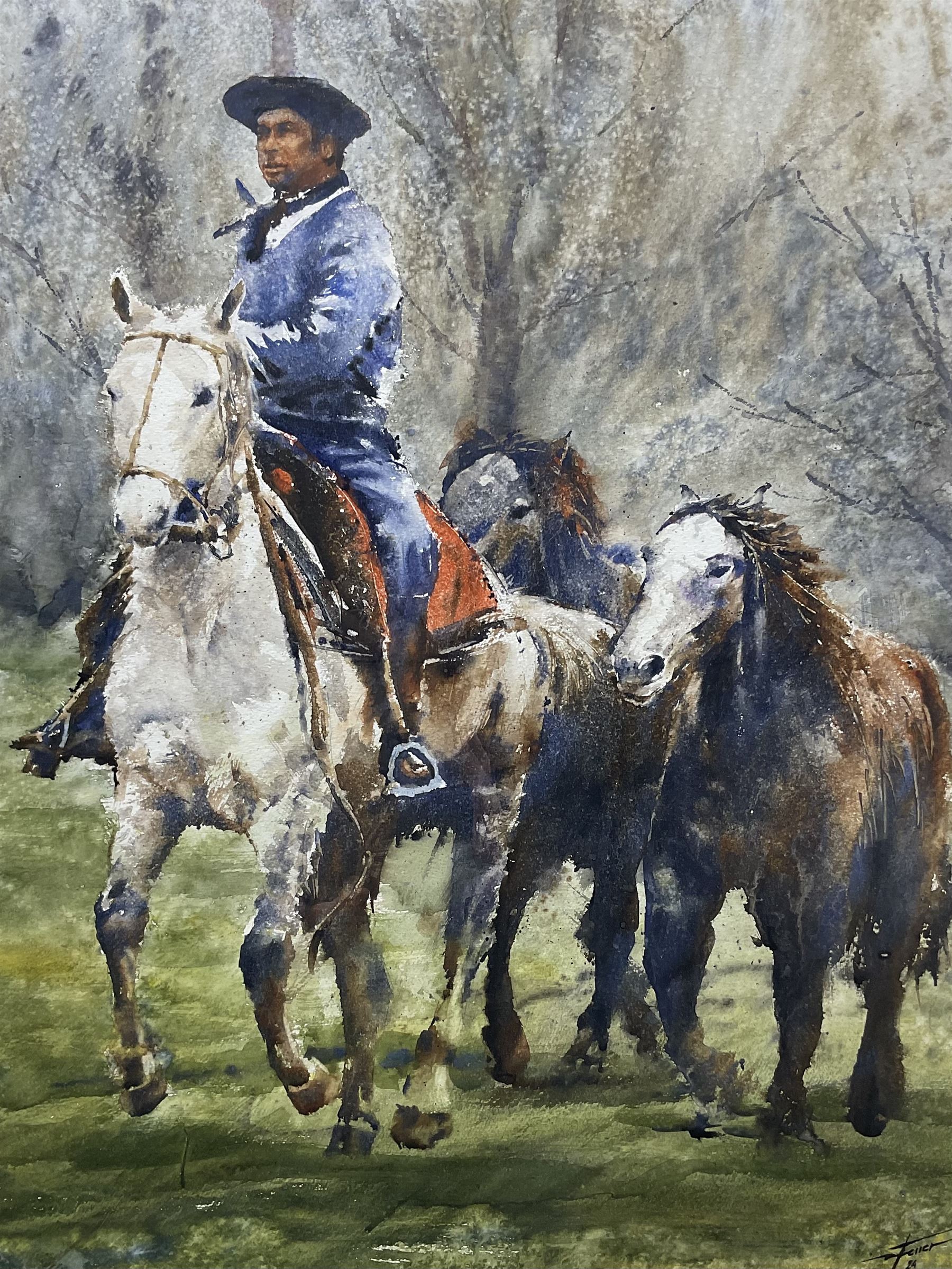 Diego Ferrer (Argentinian Contemporary):  Gaucho and Three Horses, watercolour signed and dated '24, 67cm x 50cm